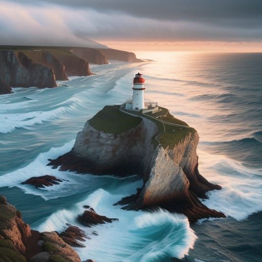 Dramatic Seaside Lighthouse Oil Painting