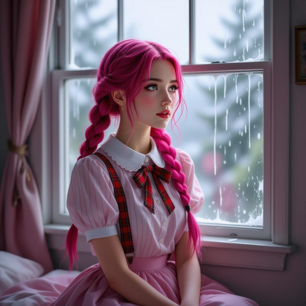 Pink Haired Woman Gazes Out Rainy Window