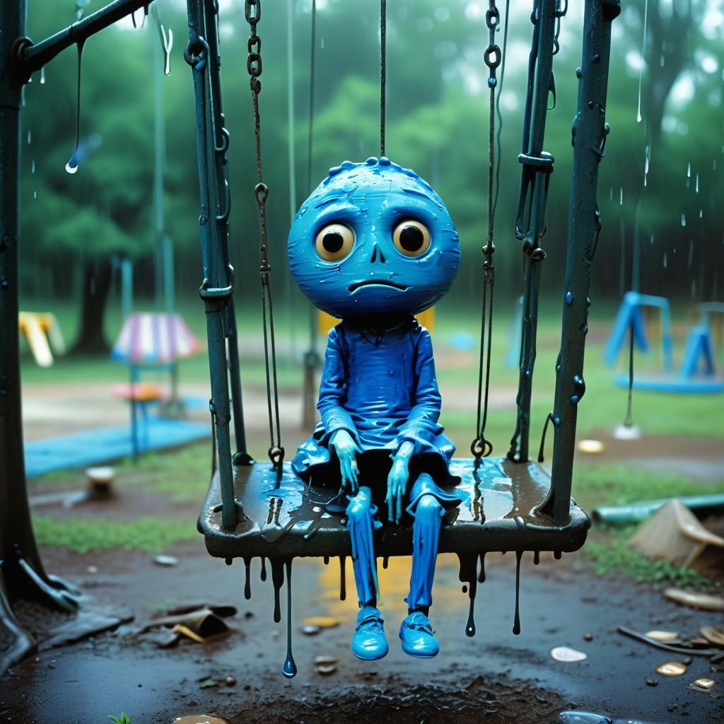 Creepy Blue Clay Man in Abandoned Playground