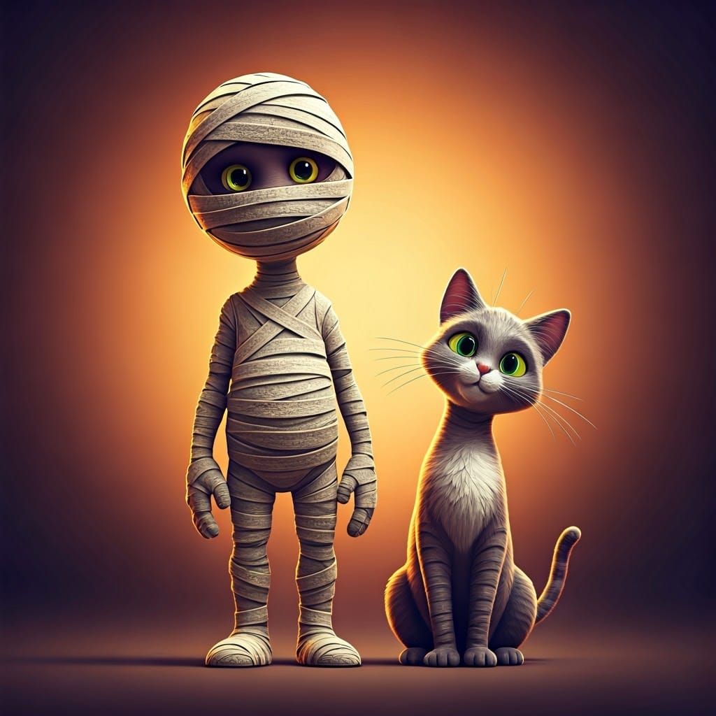 Whimsical String Mummy and Cat in 3D Digital Art