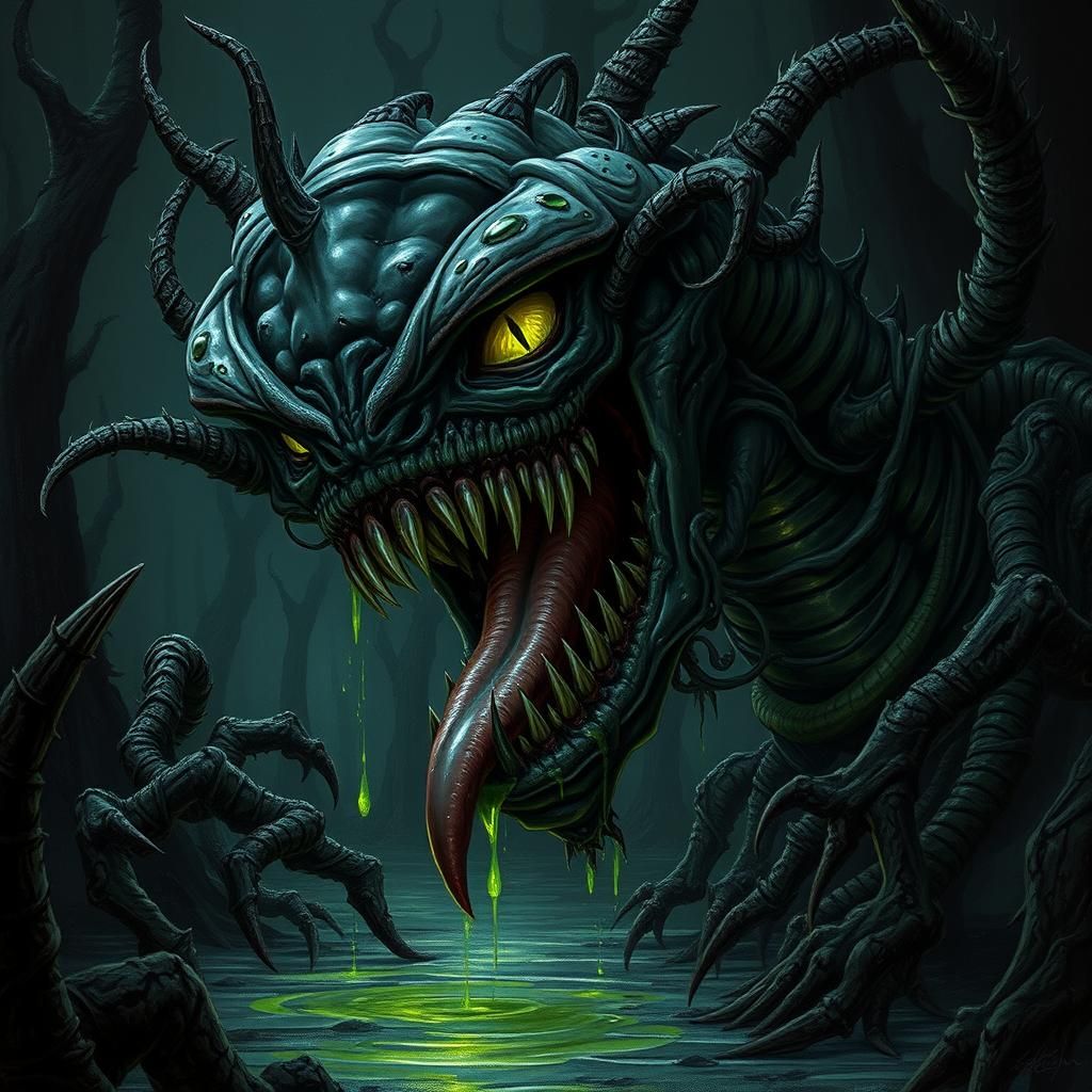 a dark swamp plant with sharp teeth and hooded eyes, long to...