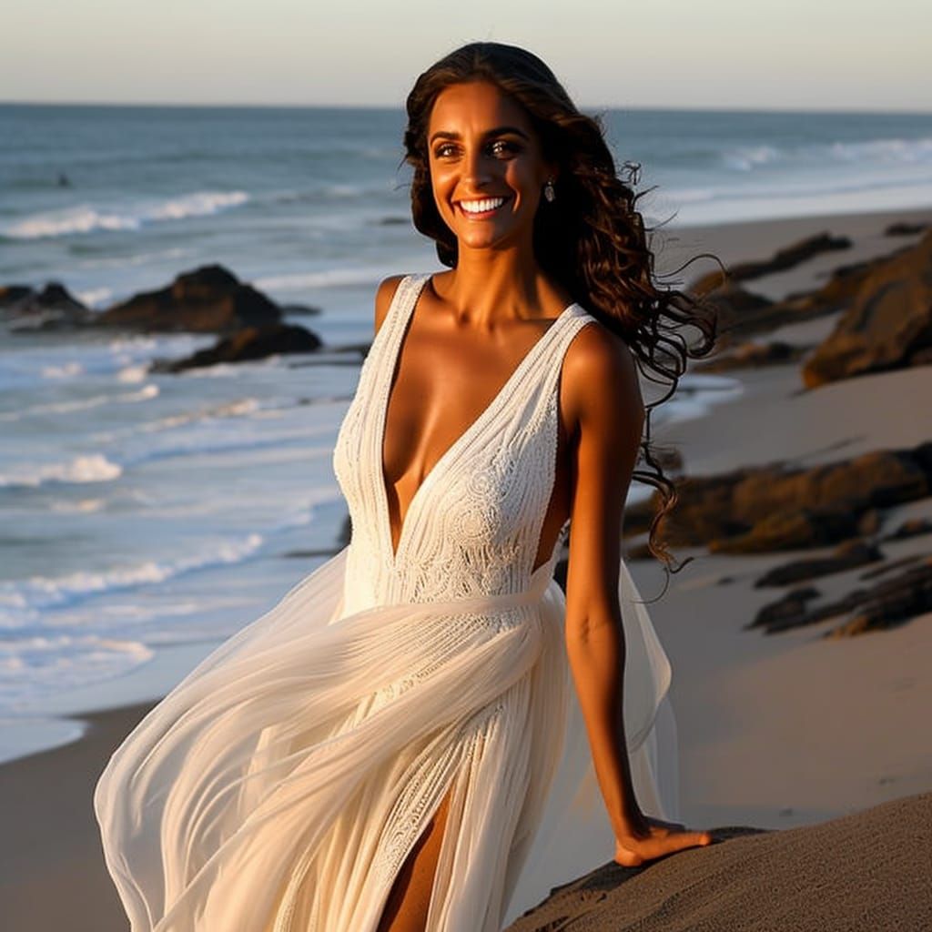 Woman in White Dress Walking on Beach