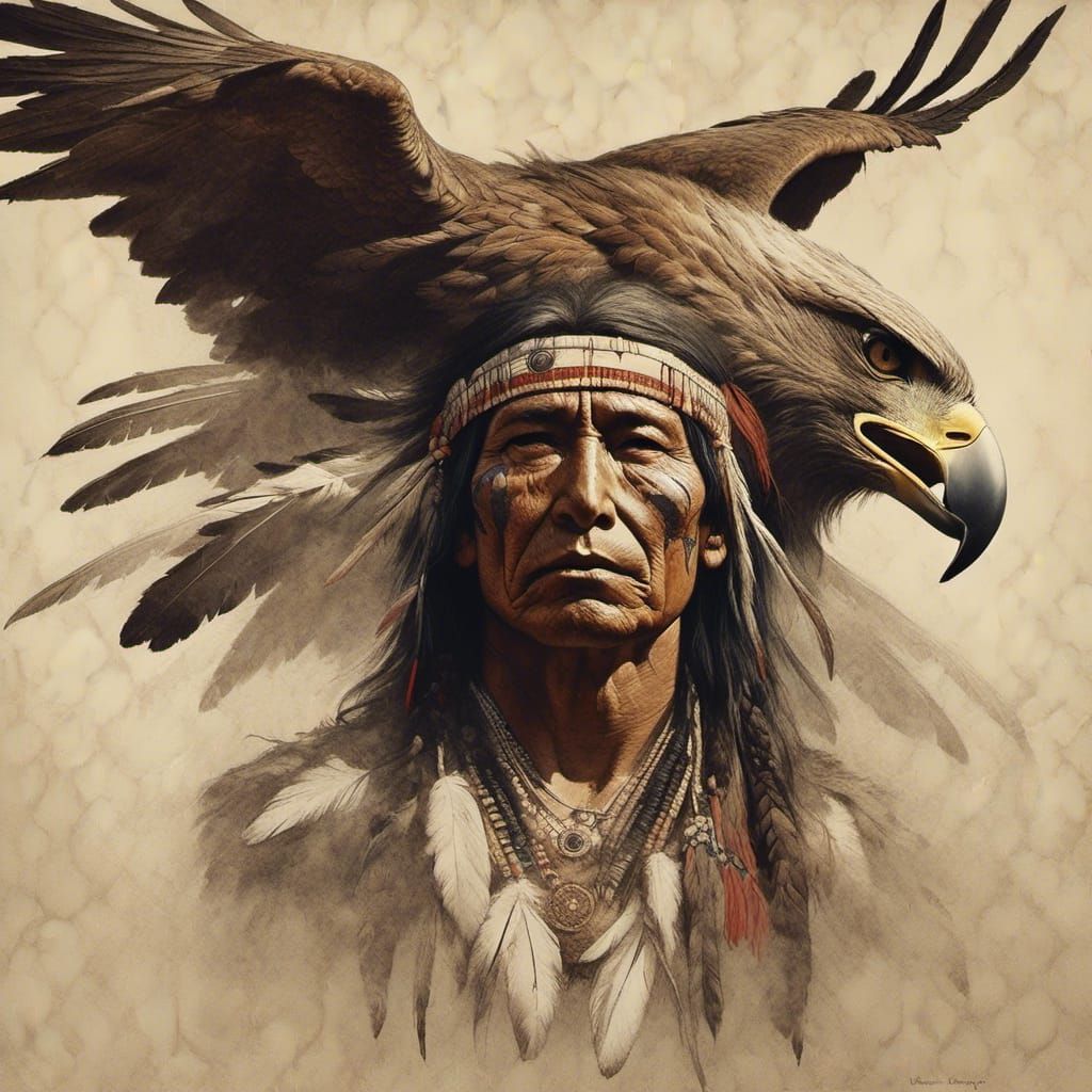 Native American Man with Eagle, Remington Style