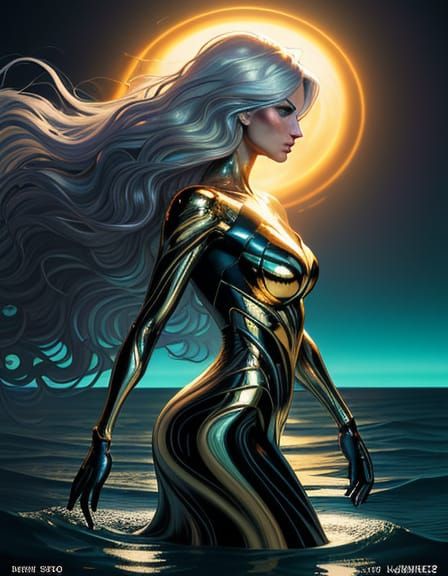 Glowing Woman at World's Edge: Surreal Comic Art