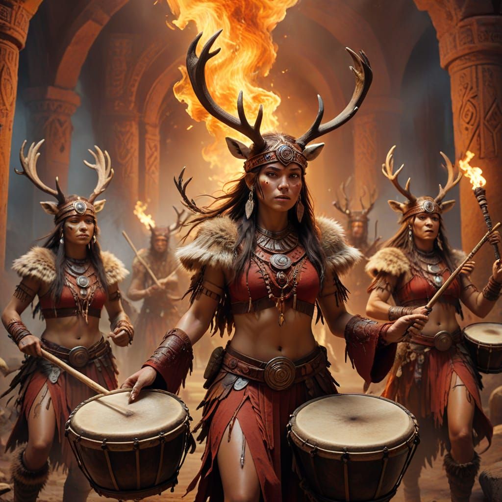 Fantasy Ritual with Antlered Warriors and Ethereal Flames