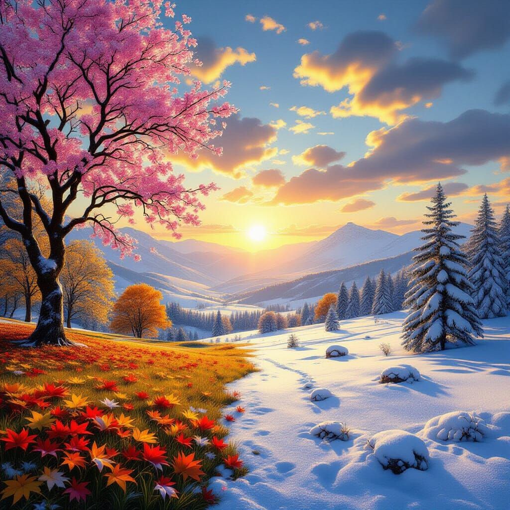 Four Seasons Fused in a Panoramic Landscape