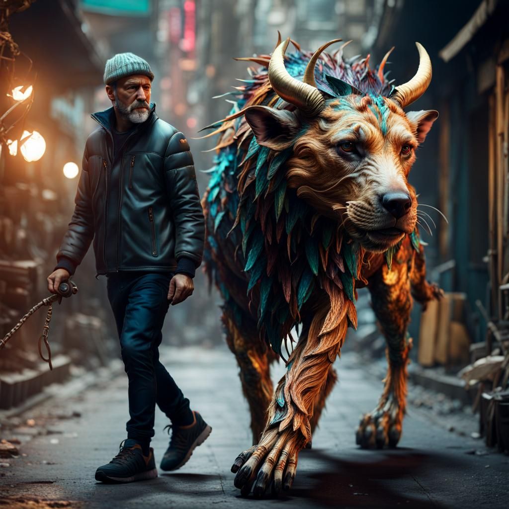 Man Walks Chimera Pet: Hyperrealistic Digital Art