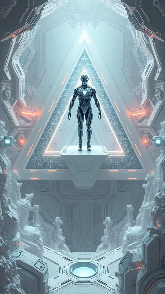 Futuristic White Landscape with Advanced Humanoid in Digital...
