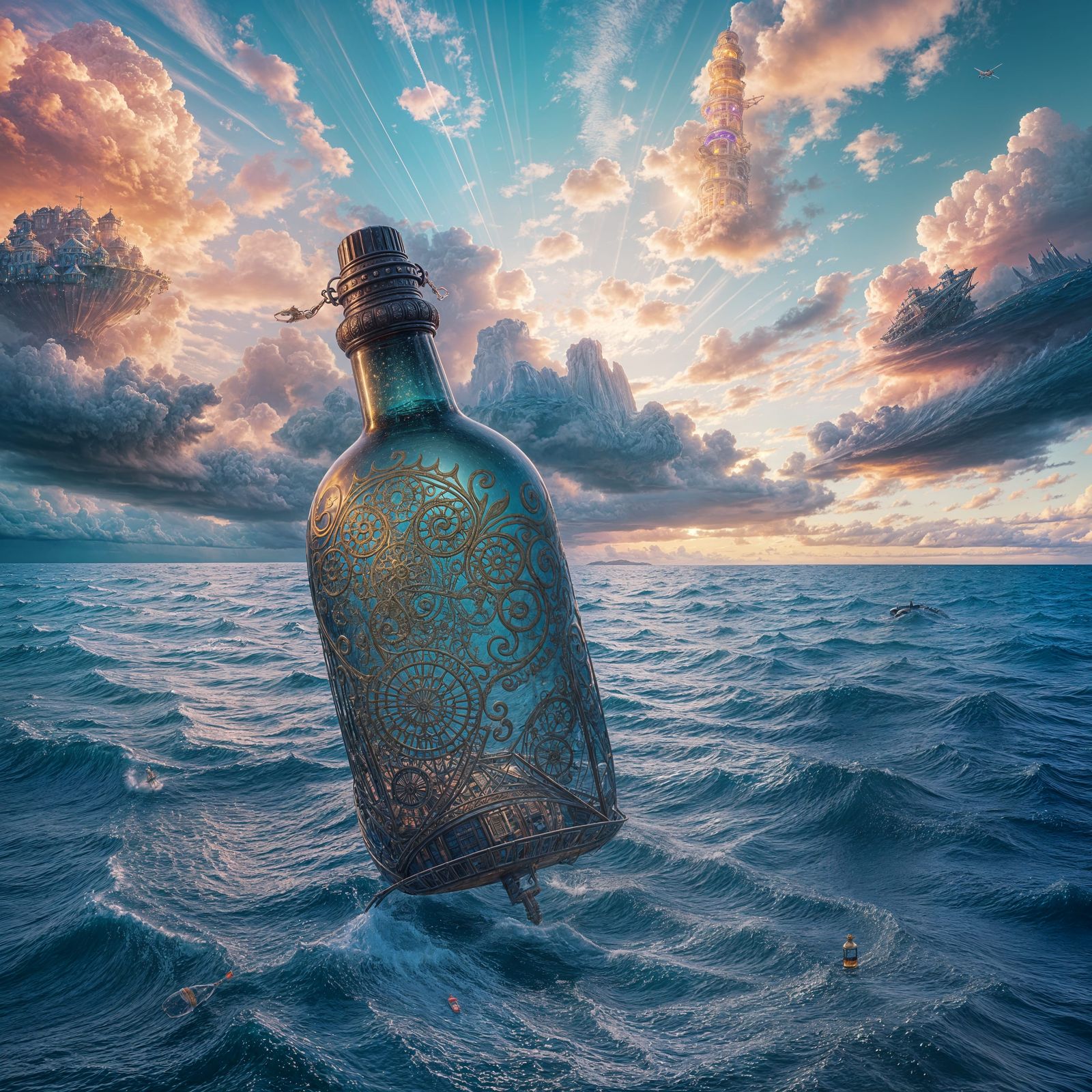 Surreal Message in a Bottle Under Vibrant Oceanscapes