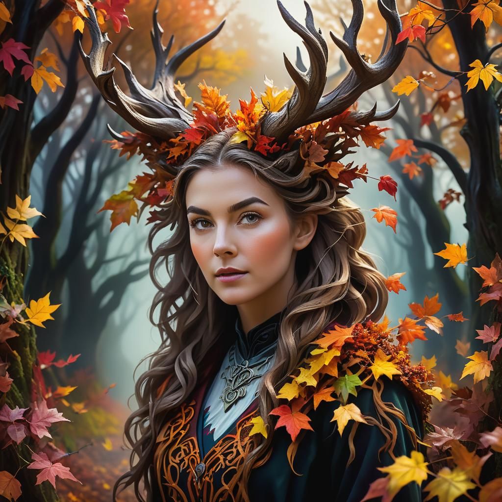 Hyperrealistic Woman with Maze Horns in Autumn