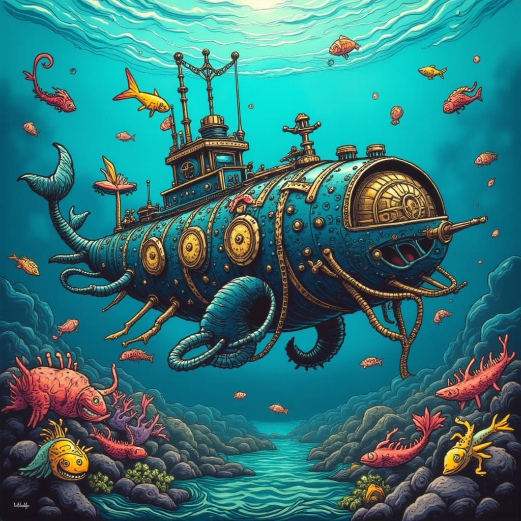 Steampunk Nautilus Submarine Underwater in Squiggle Style