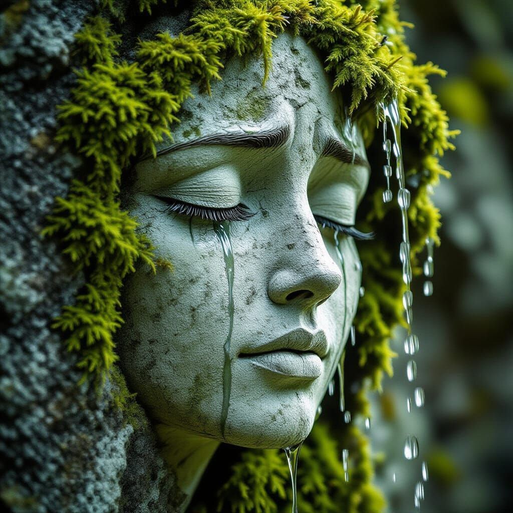 Moss-Draped Stone Face with Waterfalls