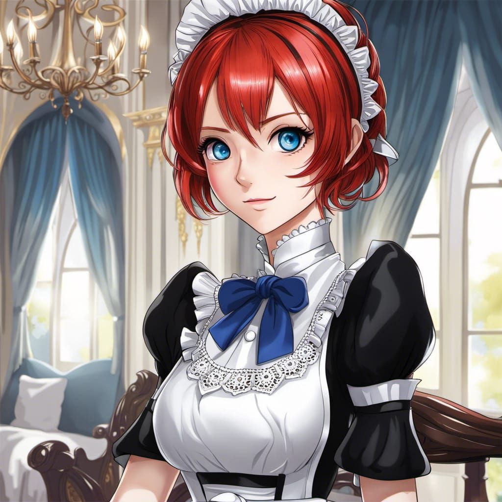 Anime Maid Portrait with Red Hair and Sapphire Eyes