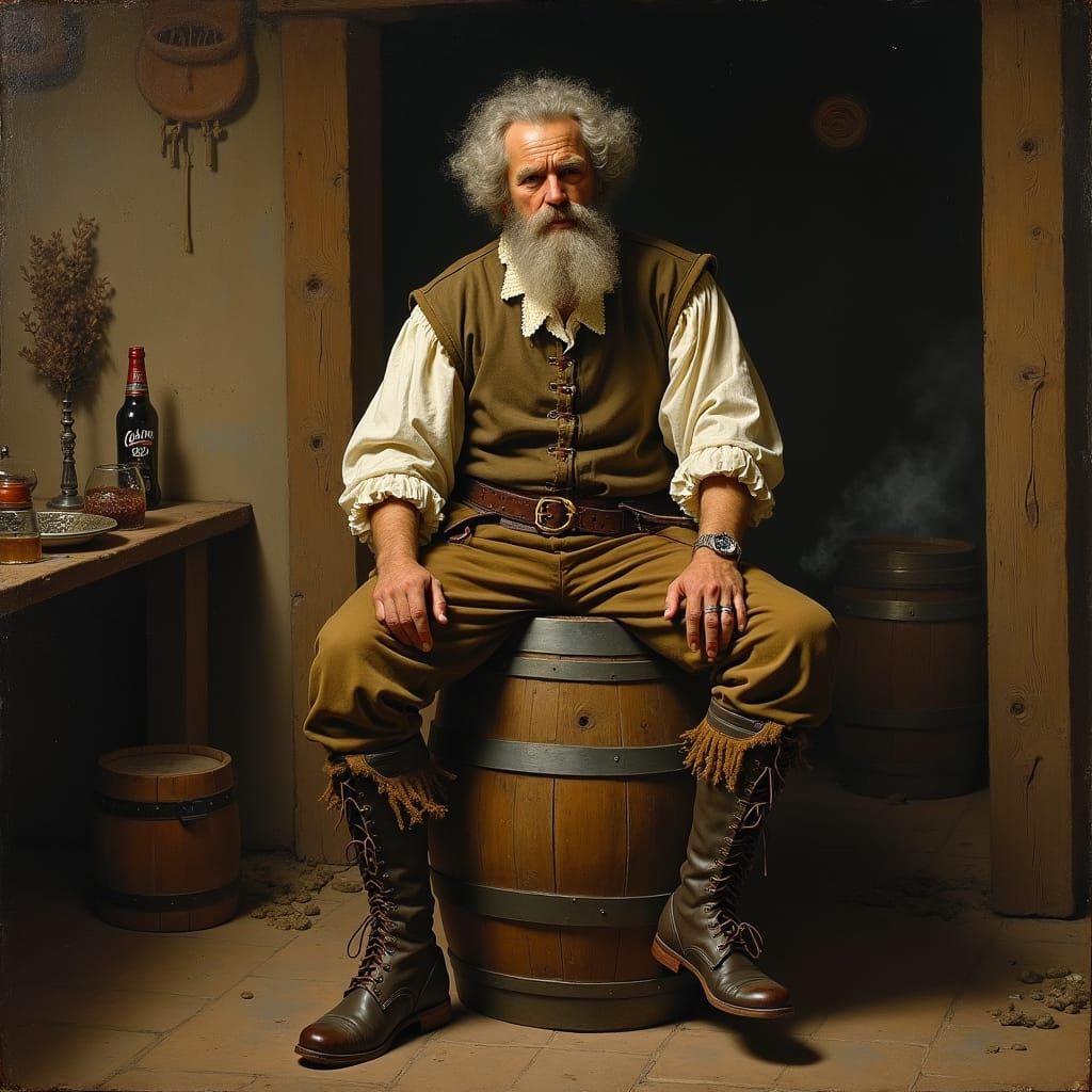 Man on Beer Cask in Old Master Style