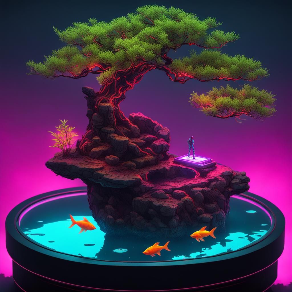 Cyberpunk Bonsai Tree with Neon Lighting