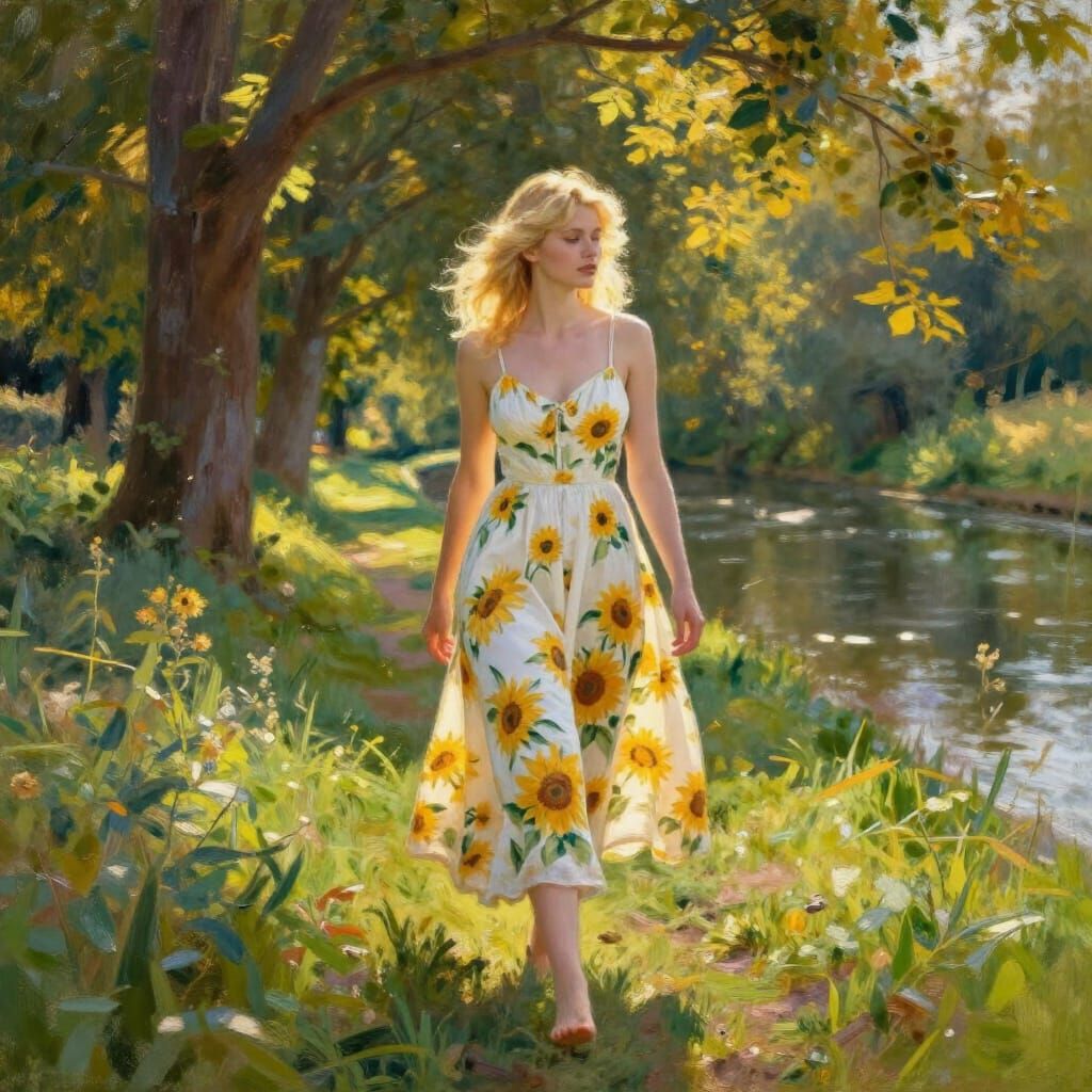 Golden Hour Serenity: Woman Walks by Canal