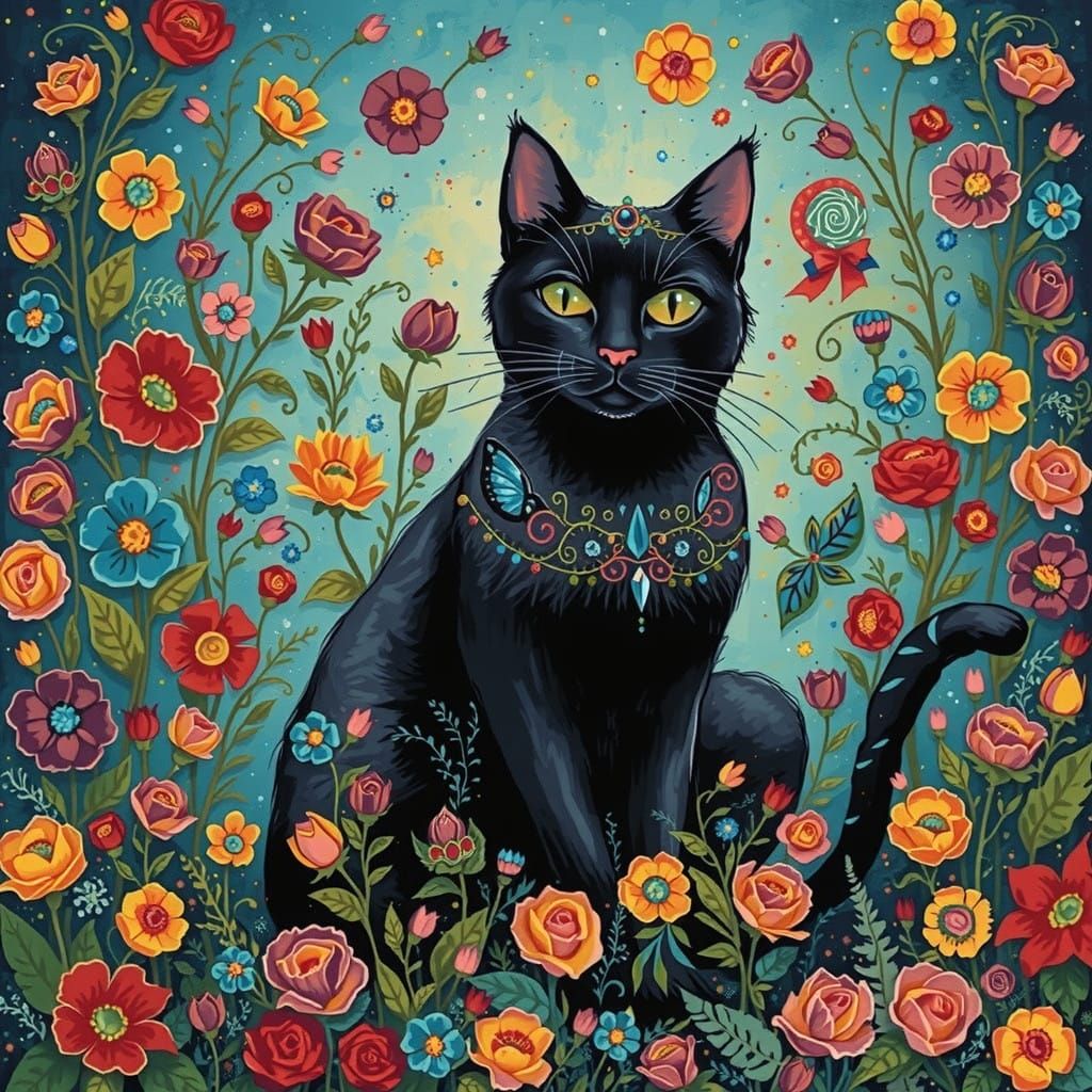 Enchanted Night Whimsy in Naive Folk Art Style