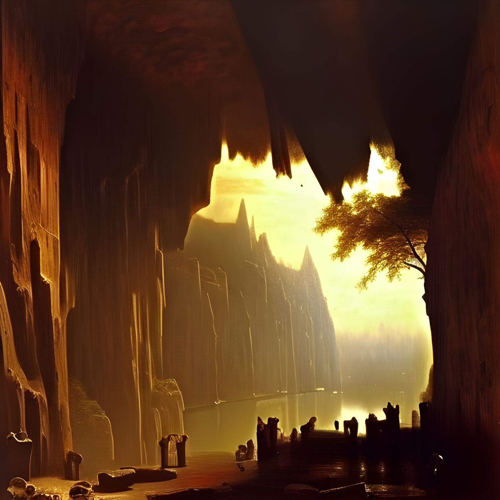 Medieval City Inside Dark Cave, Natural Lighting