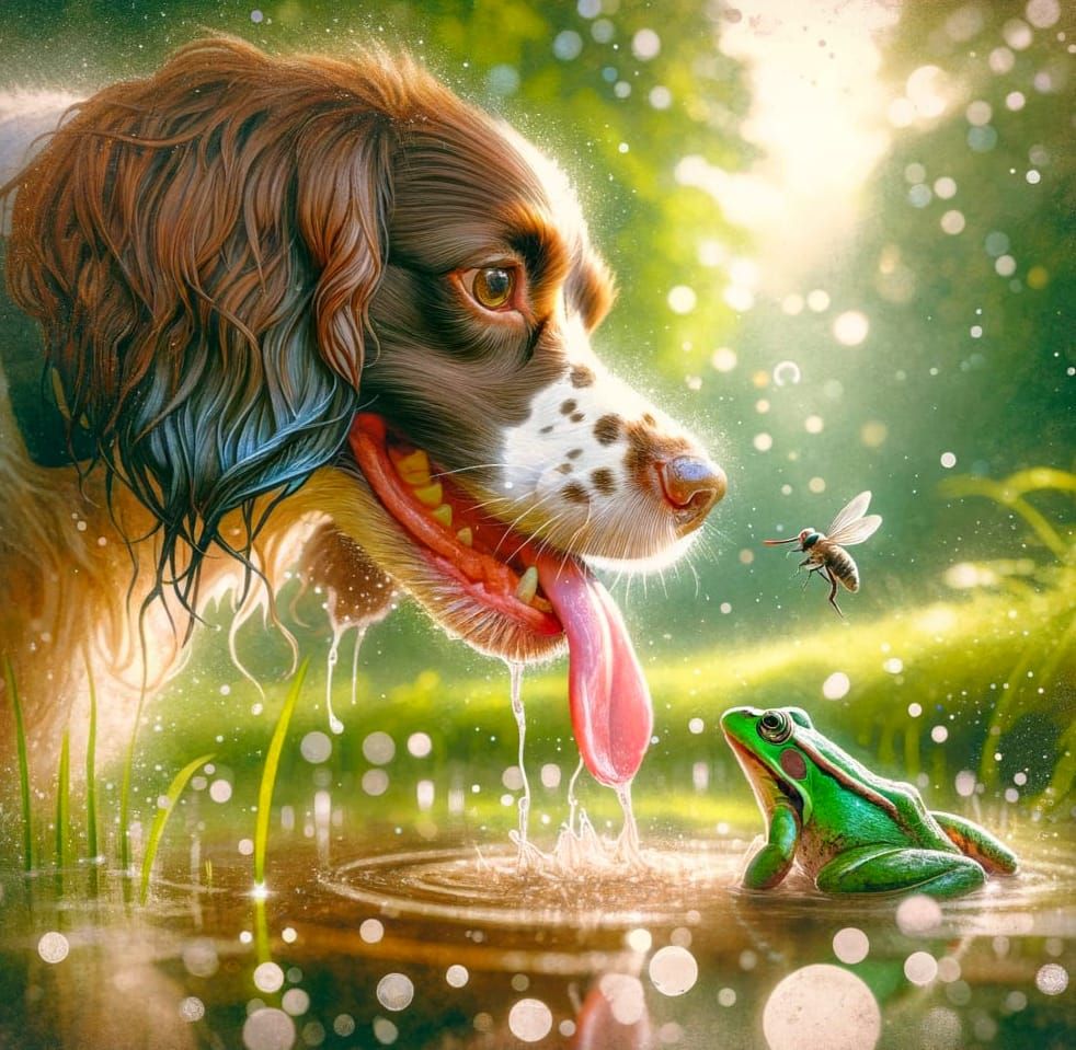 Springer Spaniel and Frog in Watercolour Style
