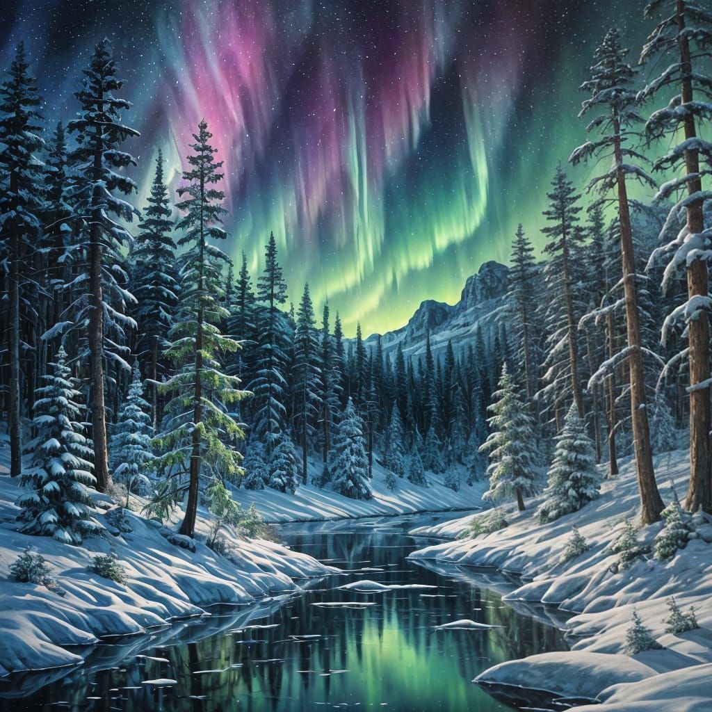 Ethereal Snowy Pine Forest Illuminated by Vibrant Northern L...