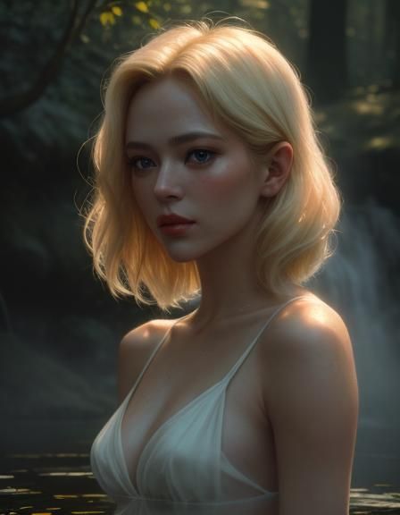 Enticing Nymph in Pond: Cinematic Film Still