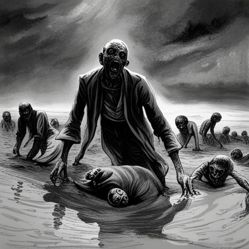 Horror Zombies Rise from Mud, Etching Style