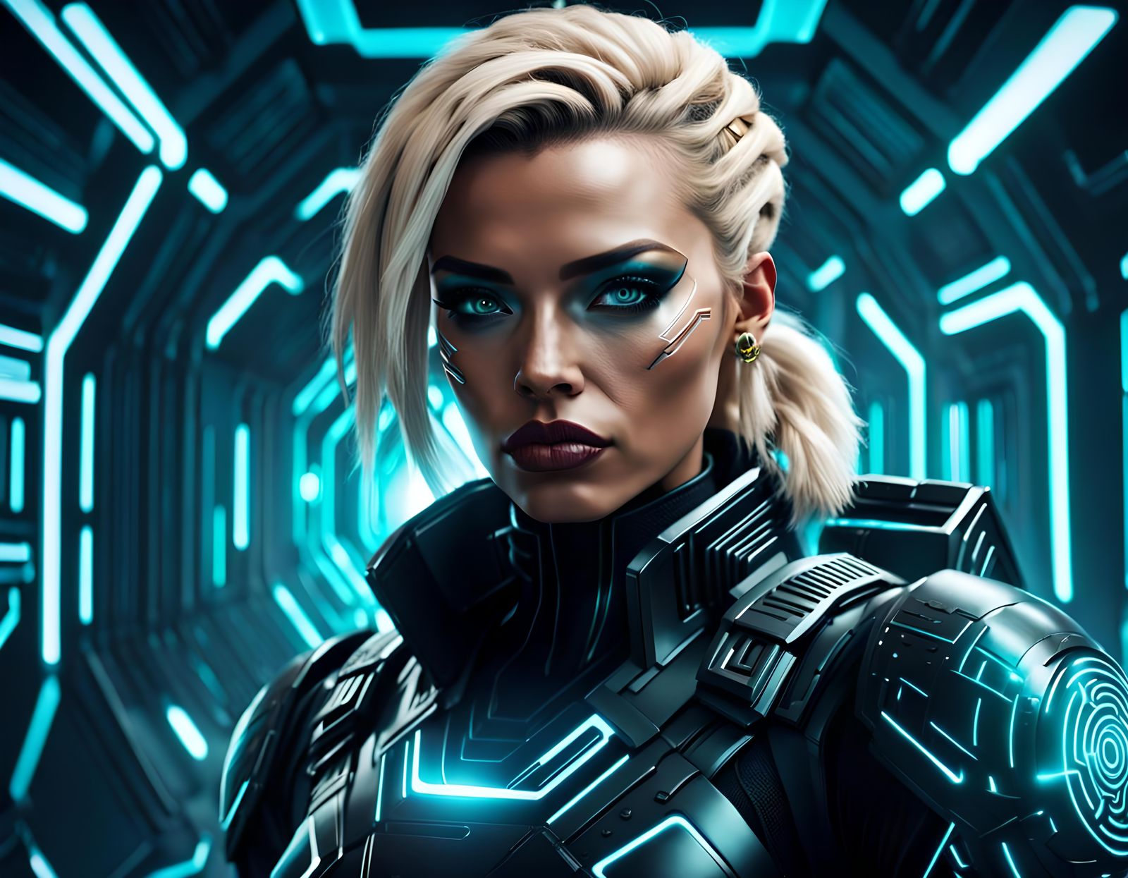 Futuristic Warrior in Digital Maze with Laser Weapon