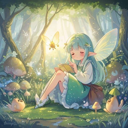 Whimsical Fairy Seated on Mossy Toadstool in Soft Light