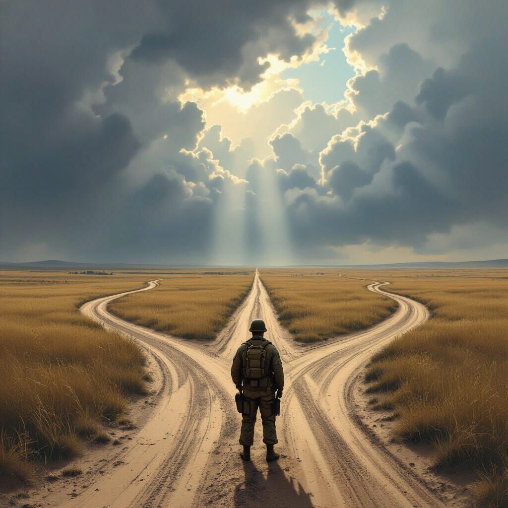 Soldier at Crossroads in Windswept Field, Dramatic Lighting