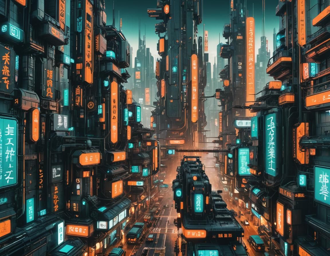 Futuristic Cyberpunk Cityscape with Japanese Logos