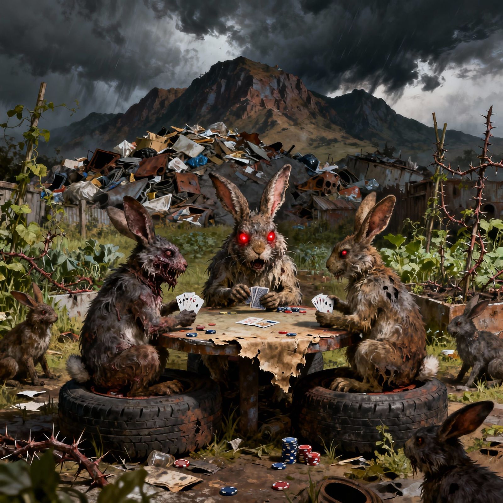Junkyard Rabbits Play Poker Amidst Trash Mountains