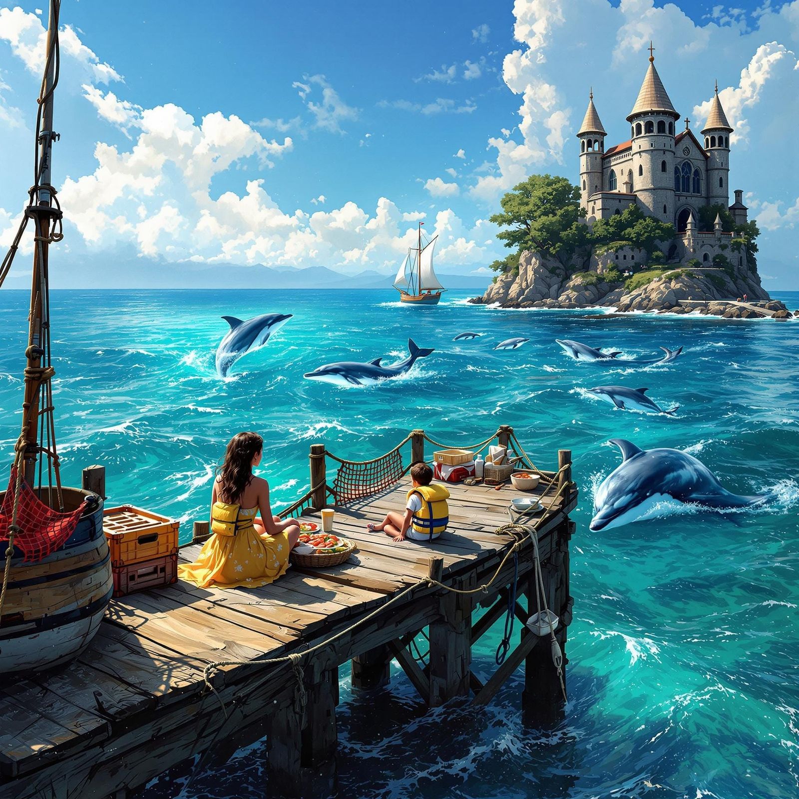 Majestic Coastal Scene of Family, Whales, and Dolphins