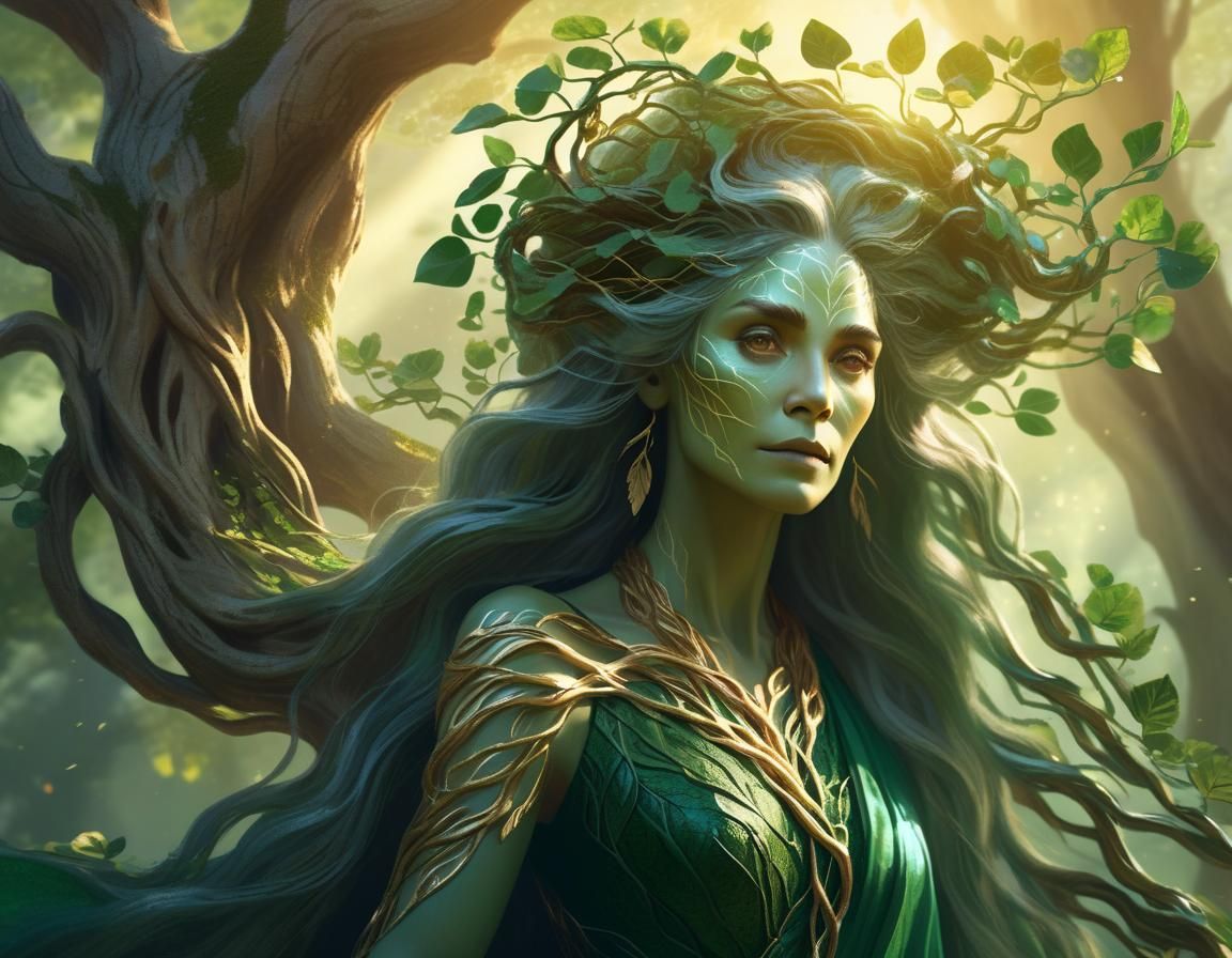Ethereal Evergreen Dryad in Emerald Gown Protects Ancient Tr...