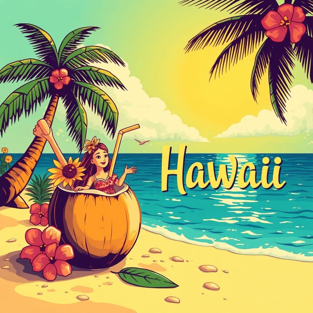 Tropical Beach with Hula Girl Illustration