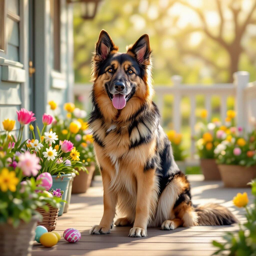German Shepherd on Porch with Easter Eggs in Painterly Style