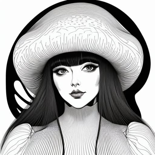 Monochrome Abstract Line Art: Mushroom Lady Portrait