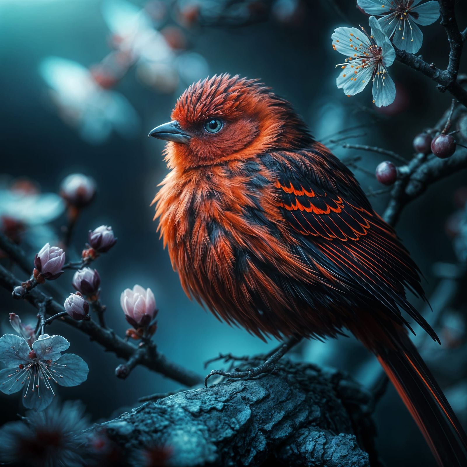 Hyperrealistic Crimson Songbird on Cherry Branch