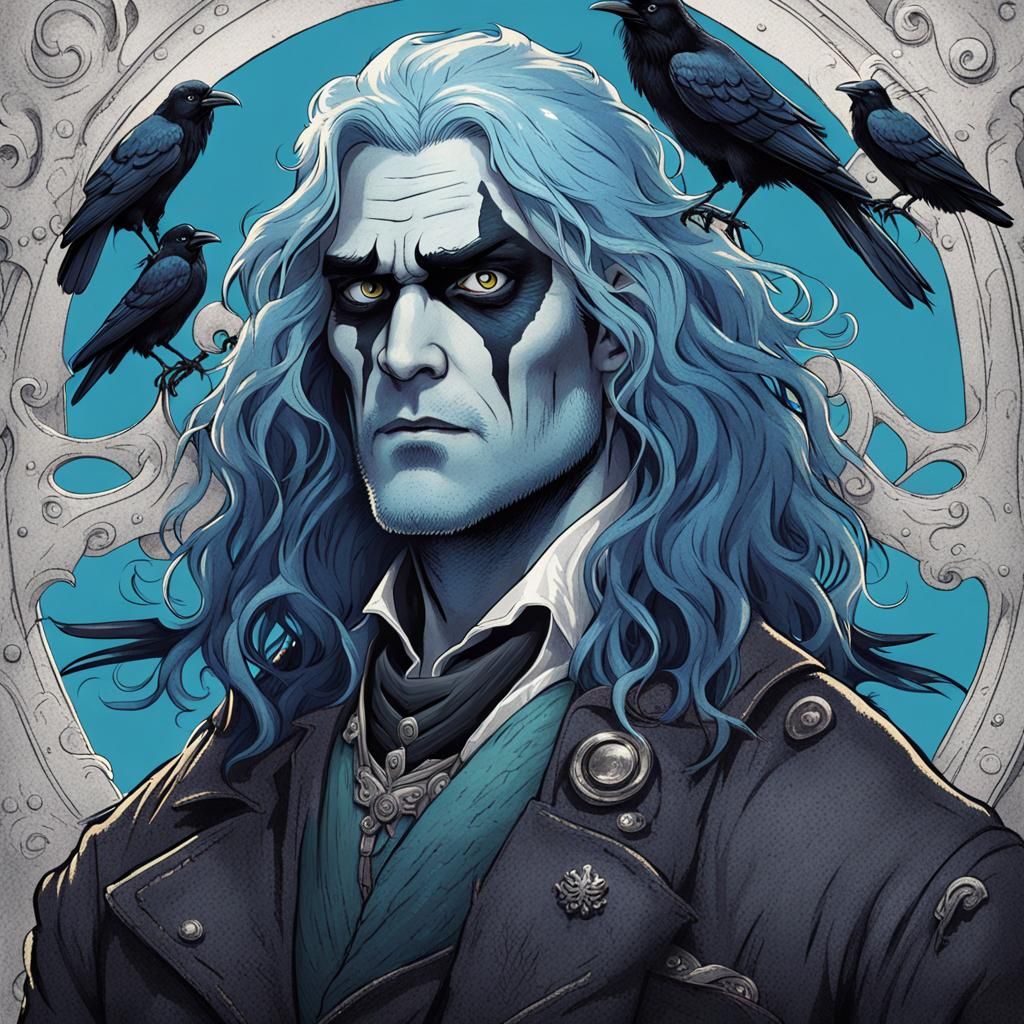 Blue-Haired Man with Raven in Tim Burton Style