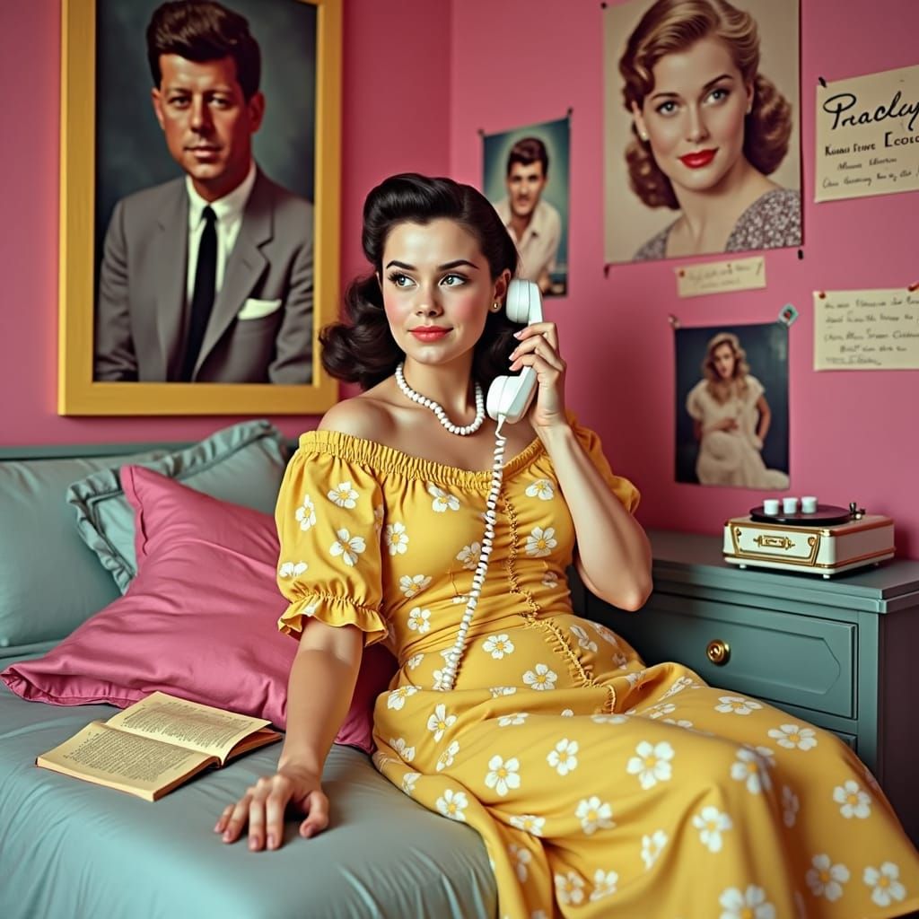 1960s Teenager Chatting on a Princess Phone in Pop Art