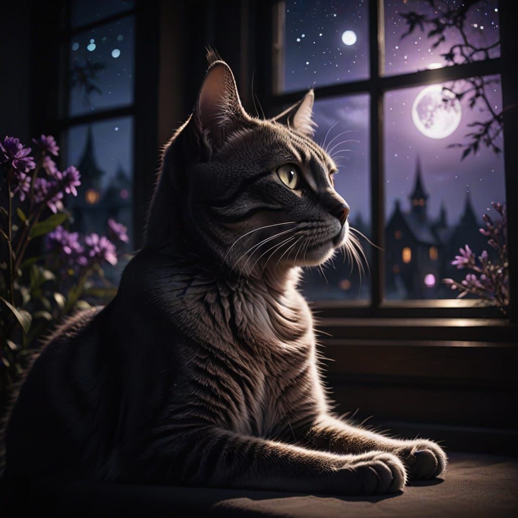 Surreal Cat Basking in Ethereal Moonlight
