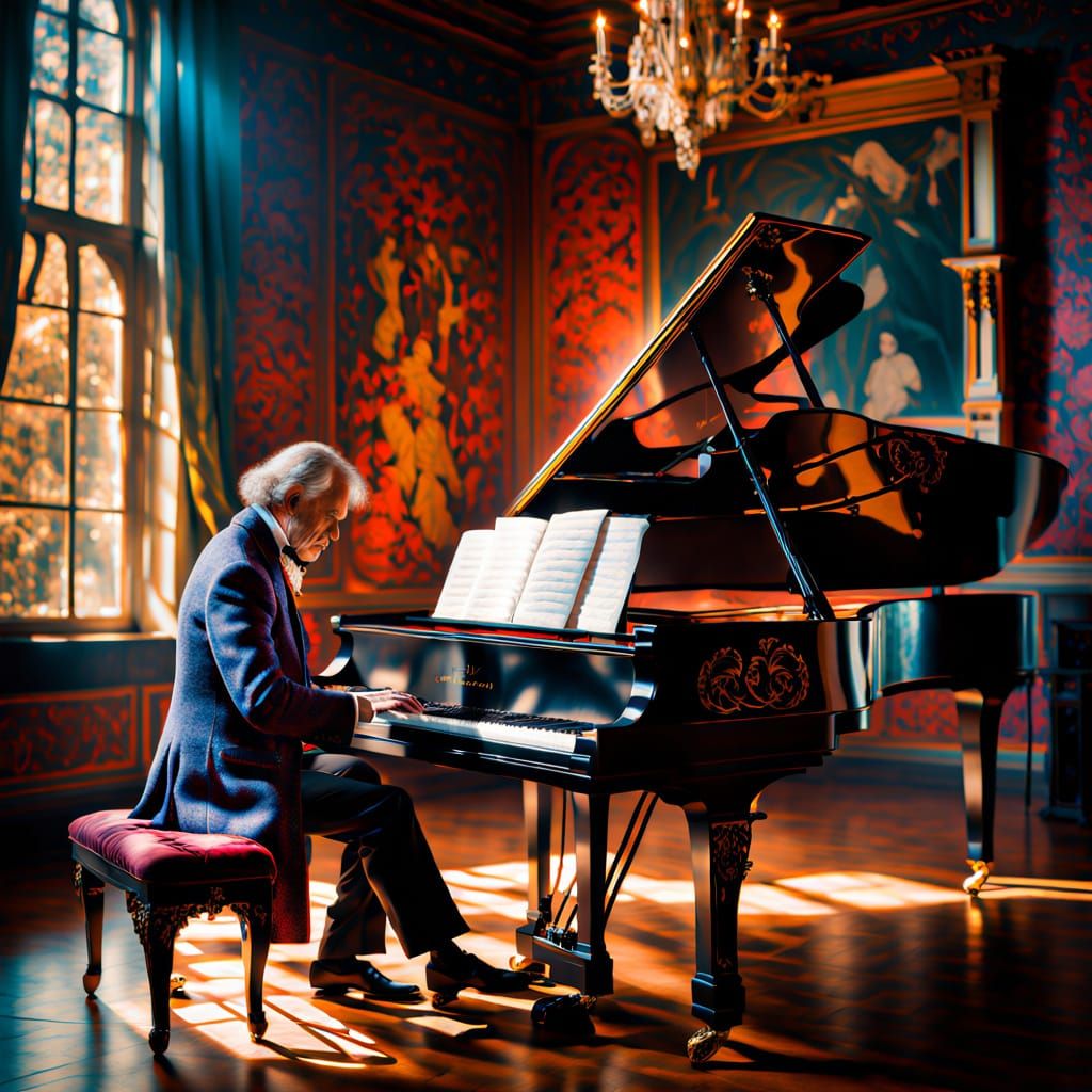 Elegant Pianist in Romantic Era Attire Plays Grand Piano