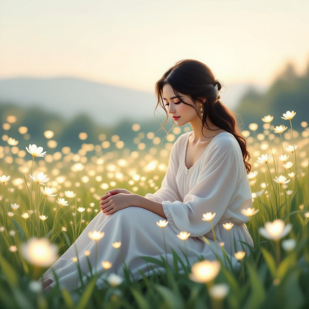 Peaceful Character in Luminous Aura Surrounded by Ethereal F...