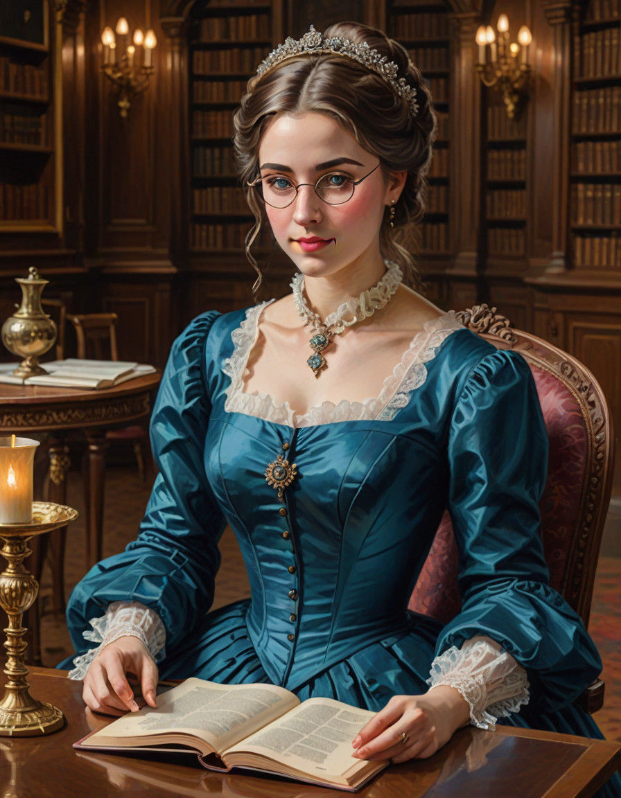 Victorian Lady Reading in Grand Library