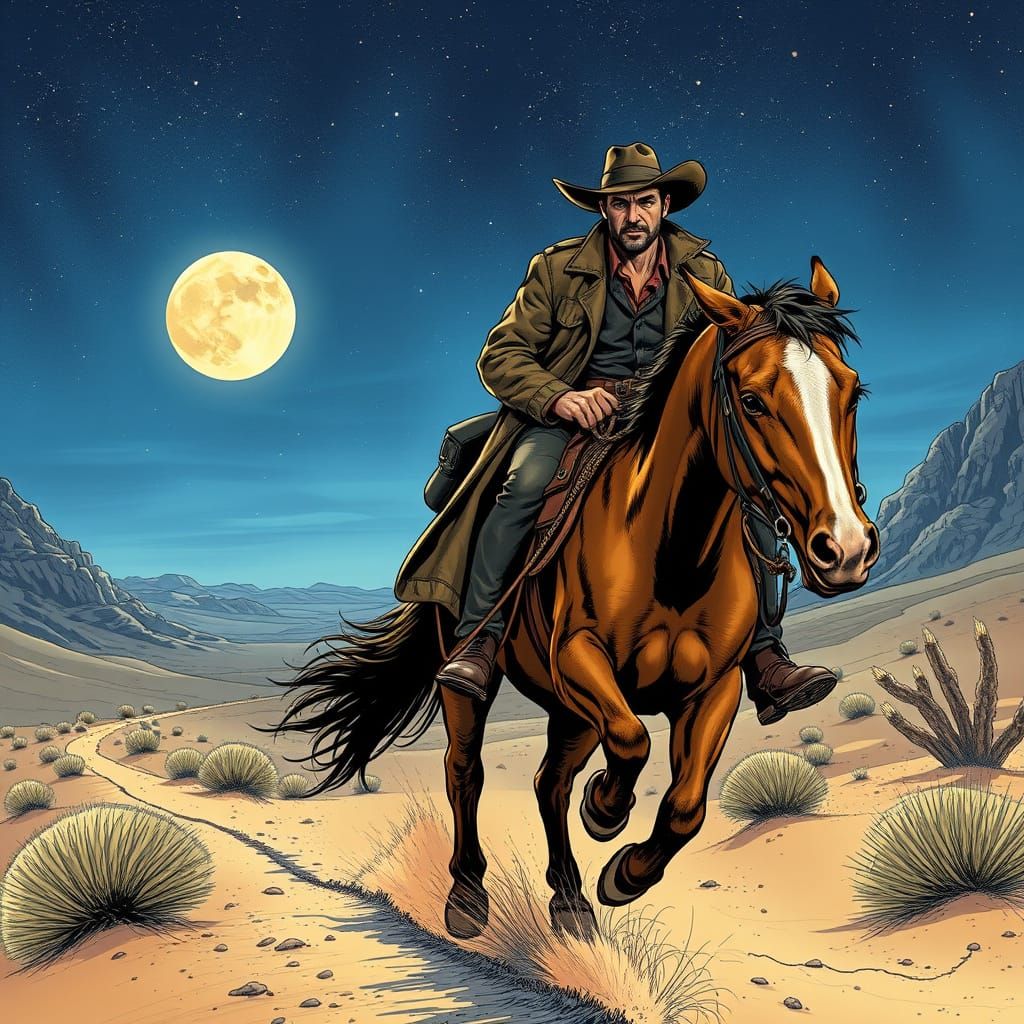 Cowboy Rides Desert Trail Under Starry Night Sky