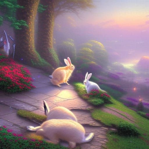 Ethereal Rabbits in Hyperdetailed Fantasy Landscape