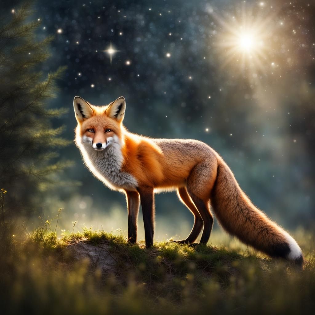 Fox Gazing at Starry Sky in Forest Clearing