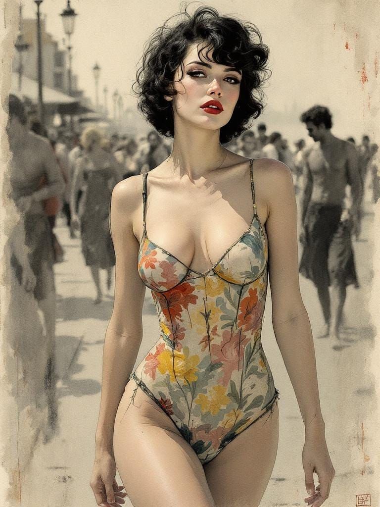 1950s Pin-Up Boardwalk Beauty in Art Nouveau Style