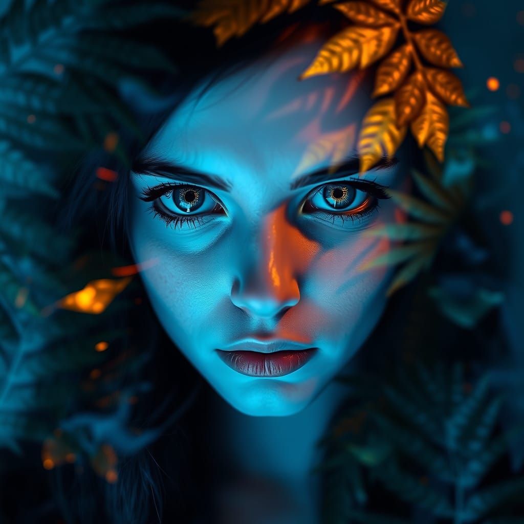 double exposure portrait Mysterious Goth in bioluminescent diamond glow laboratory, multilayered_eyes, soft lighting, sh...