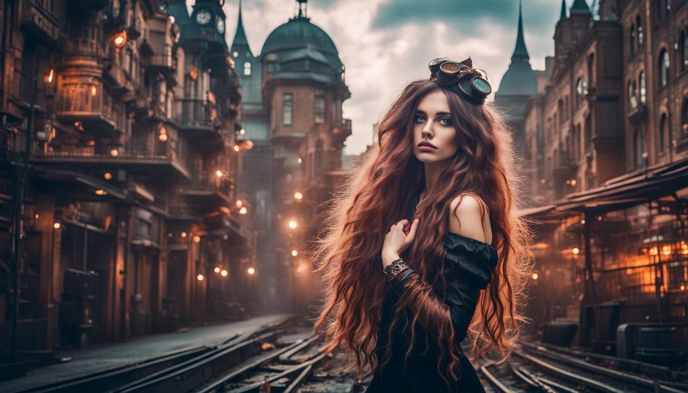 Enchanting Steampunk Artist in Neon Cityscape