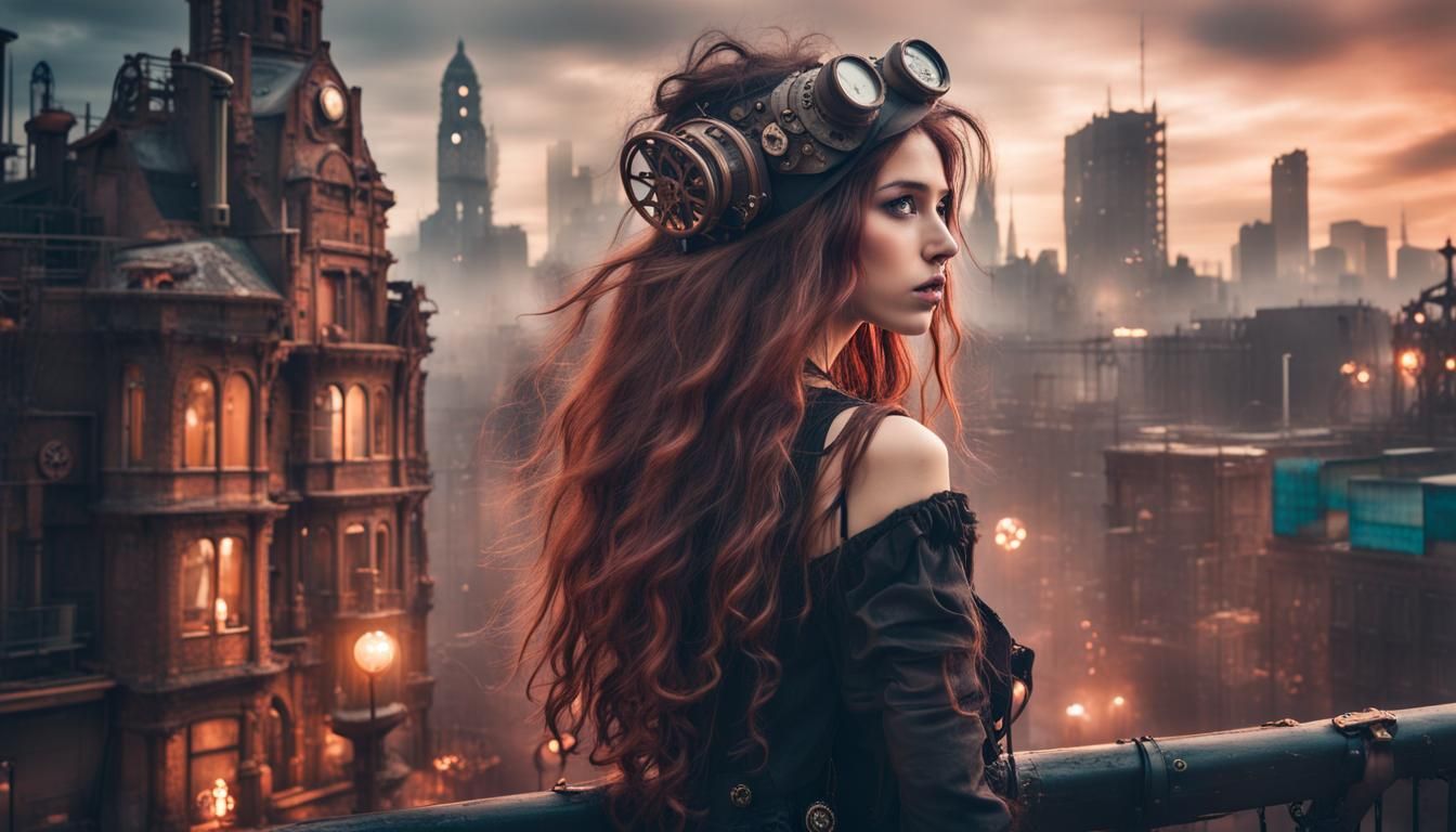 Steampunk Artist in Neon Cityscape
